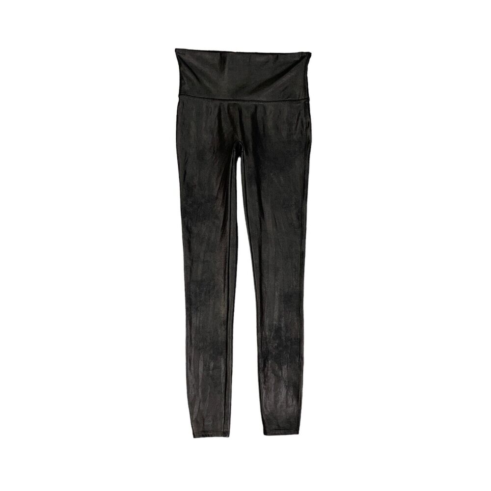 Spanx Leggings Womens M Medium Black Faux Leather Ankle High Waist Shiny Stretch